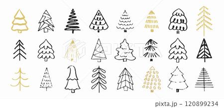 Christmas tree doodle collection. Hand drawn festive trees with black and golden accents. Abstract winter decoration set for holiday design. Vector illustration. 120899234