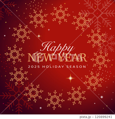 Happy New Year 2025 banner with golden snowflake wreath on vibrant red background. Festive holiday design for seasonal greetings and celebration themes. 120899241