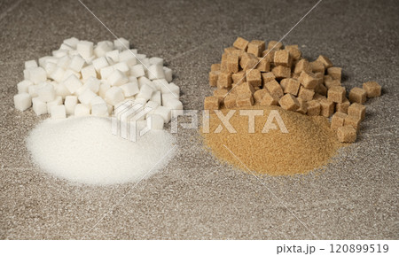 Types of sugar - cane unrefined and white beet refined, crystalline and in the form of cubes. 120899519