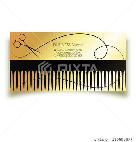 Stylist scissors and comb, golden business card template Stylist scissors and comb, golden business card template 120899877