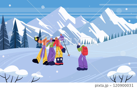 Snow mountains. Couples travel in cold nature. Winter season. People posing for photo. Snowy rocks trekking. Hiking tourism. Active group of tourists. Hikers in Alps. Vector panoramic illustration 120900031