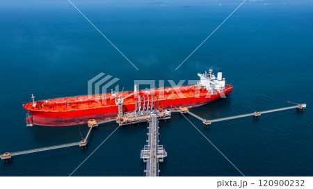 Aerial view oil tanker ship oil depot terminal storage petroleum petrochemical refinery product, Global Business energy tanker ship logistic transportation oil industry crude oil fuel by tanker ship. 120900232
