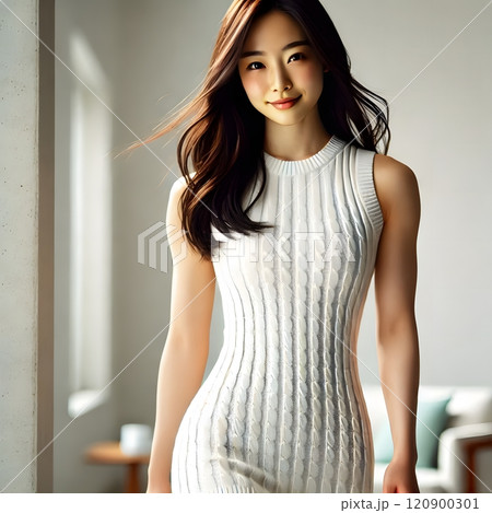 ニットのノースリーブワンピースを着た若い女性。健康的な体と笑顔。 120900301