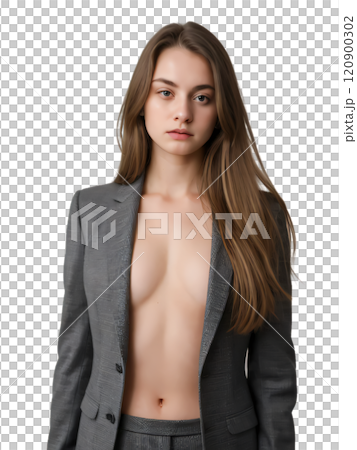 グレーのテーラードスーツのジャケットを素肌に羽織っているストレートヘアの女性 120900302