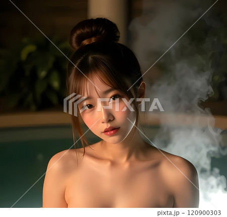 静かな温泉の中にいる女性。穏やかな湯気が立ちのぼっている。 120900303