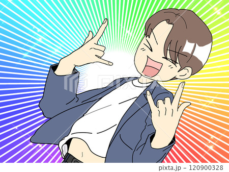 ノリノリでポーズを決める男性 七色　上半身 120900328