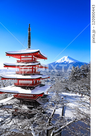 雪化粧した新倉山浅間神社忠霊塔と富士山の絶景 山梨県富士吉田市 雪化粧した新倉山浅間神社忠霊塔と富士山の絶景 山梨県富士吉田市 120900443