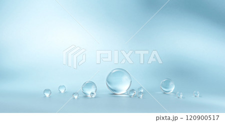 Blue background with transparent glass balls. Blue background with transparent glass balls. 120900517