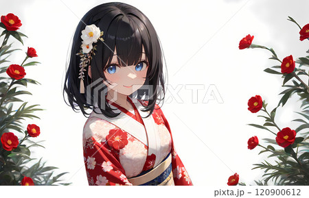 薔薇と赤い実を持った着物の女性 120900612
