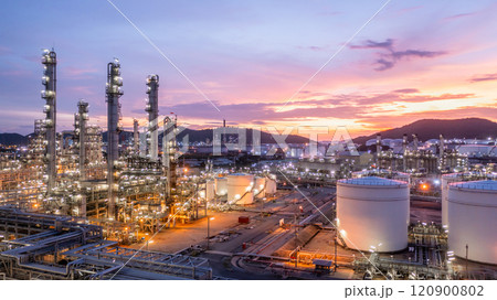 Aerial view oil and gas refinery industry plant, Oil and gas petrochemical  industrial storage tank refinery plant, Industry Oil refinery oil and gas refinery factory power and fuel energy. 120900802
