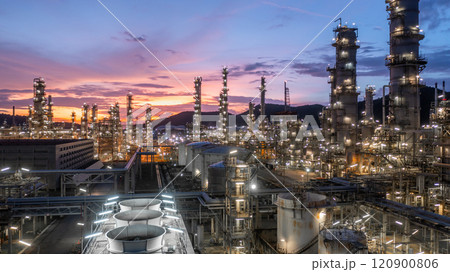 Aerial view oil and gas refinery industry plant, Oil and gas petrochemical  industrial storage tank refinery plant, Industry Oil refinery oil and gas refinery factory power and fuel energy. 120900806