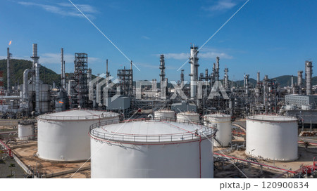 Aerial view oil and gas refinery industry plant, Oil and gas petrochemical industrial storage tank refinery plant, Industry Oil refinery oil and gas refinery factory power and fuel energy. Aerial view oil and gas refinery industry plant, Oil and gas petrochemical industrial storage tank refinery plant, Industry Oil refinery oil and gas refinery factory power and fuel energy. 120900834