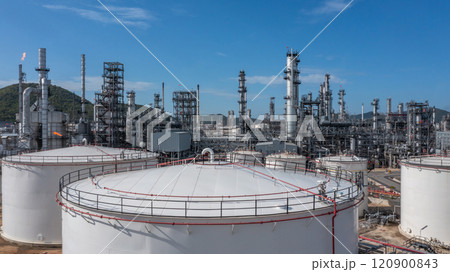 Aerial view oil and gas refinery industry plant, Oil and gas petrochemical  industrial storage tank refinery plant, Industry Oil refinery oil and gas refinery factory power and fuel energy. 120900843