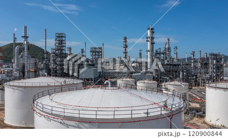 Aerial view oil and gas refinery industry plant, Oil and gas petrochemical  industrial storage tank refinery plant, Industry Oil refinery oil and gas refinery factory power and fuel energy. 120900844