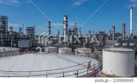 Aerial view oil and gas refinery industry plant, Oil and gas petrochemical  industrial storage tank refinery plant, Industry Oil refinery oil and gas refinery factory power and fuel energy. 120900845