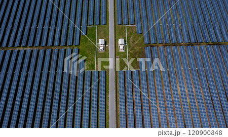 Aerial view solar panel hybrid power plant, Solar panel platform system photovoltaic module, Solar panel power plant renewable energy source, Eco technology electric power industry. 120900848