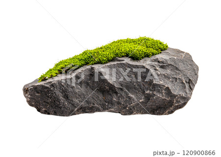 Rough stone with moss patches, isolated on transparent background 120900866