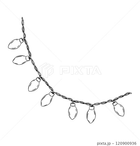 Vector illustration of a string of Christmas lights in a hand drawn style features a twisted wire and lightbulbs detailed with simple linework for holiday decorations, greeting cards, festive projects Vector illustration of a string of Christmas lights in a hand drawn style features a twisted wire and lightbulbs detailed with simple linework for holiday decorations, greeting cards, festive projects 120900936
