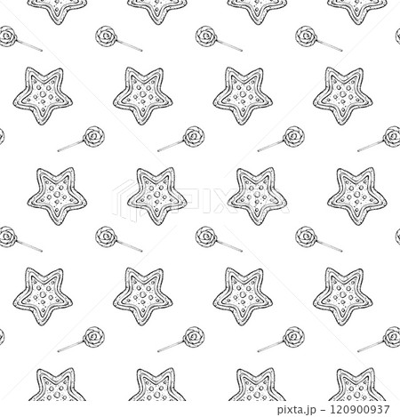 Seamless vector pattern with hand drawn gingerbread stars and lollipops. Christmas festive black and white sweets design, perfect for wrapping paper, textile, backgrounds, holiday decorations 120900937
