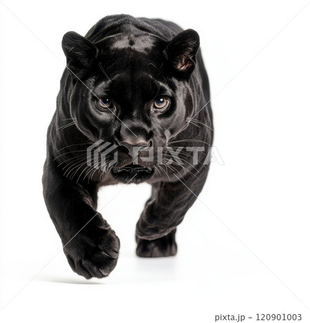 sleek black panther mid pounce on white background, showcasing power and grace sleek black panther mid pounce on white background, showcasing power and grace 120901003