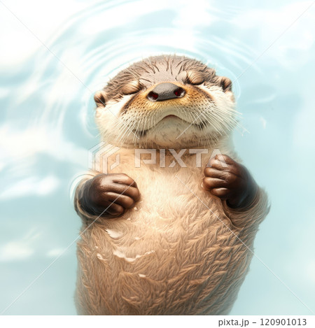 sleepy baby otter floating on its back, eyes closed, in calm water sleepy baby otter floating on its back, eyes closed, in calm water 120901013