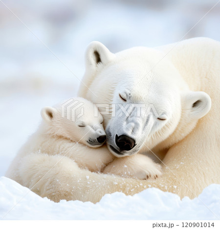 sleepy baby polar bear cuddling its mother in snowy landscape 120901014