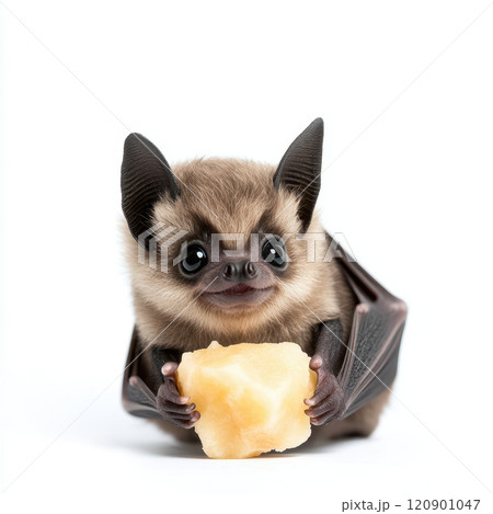 tiny baby bat holding piece of fruit, looking curious and adorable tiny baby bat holding piece of fruit, looking curious and adorable 120901047