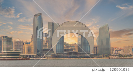 Crescent Development Project at Sunset Along Caspian Sea Coast Baku, Azerbaijan 120901055