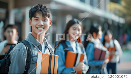 Asian students holding books at university. 120901072
