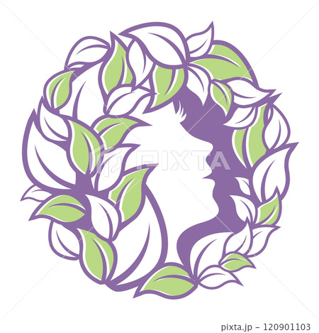 female face in profile inside a wreath of leaves female face in profile inside a wreath of leaves 120901103
