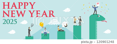 2025年の巳と学生と先生が乗ったグラフの年賀状_happy new year_横長 2025年の巳と学生と先生が乗ったグラフの年賀状_happy new year_横長 120901248