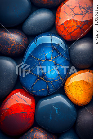 Polished opal pebble background. Smooth round colorful gravel stone texture 120901311