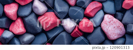 Polished opal pebble background. Smooth round colorful gravel stone texture 120901313