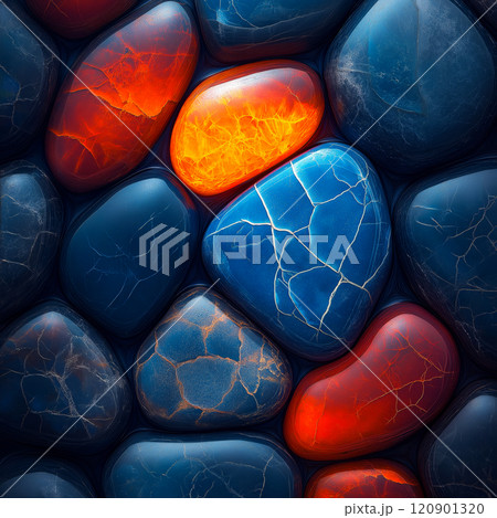 Polished opal pebble background. Smooth round colorful gravel stone texture 120901320