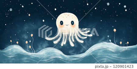 Cute illustration of a jellyfish. Cute jellyfish greeting card 120901423