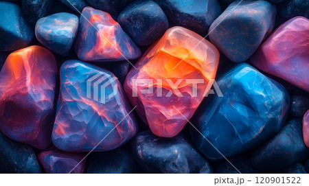 Polished opal pebble background. Smooth round colorful gravel stone texture 120901522