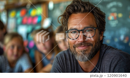 Teacher. Portrait of a happy handsome male teacher in the classroom Teacher. Portrait of a happy handsome male teacher in the classroom 120901640