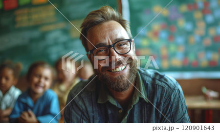 Teacher. Portrait of a happy handsome male teacher in the classroom 120901643