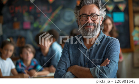 Teacher. Portrait of a happy handsome male teacher in the classroom 120901645
