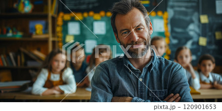 Teacher. Portrait of a happy handsome male teacher in the classroom 120901653