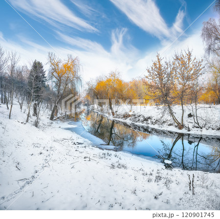 Picturesque landscape in city park with snowy trees and beautiful reflection in frozen river. 120901745