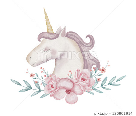 Watercolor illustration of a Unicorn with a pastel pink mane surrounded by delicate rose Flowers and green foliage. drawing of horse for nursery decor, girls birthday cards, and fairytale designs. Watercolor illustration of a Unicorn with a pastel pink mane surrounded by delicate rose Flowers and green foliage. drawing of horse for nursery decor, girls birthday cards, and fairytale designs. 120901914
