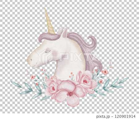 Watercolor illustration of a Unicorn with a pastel pink mane surrounded by delicate rose Flowers and green foliage. drawing of horse for nursery decor, girls birthday cards, and fairytale designs. Watercolor illustration of a Unicorn with a pastel pink mane surrounded by delicate rose Flowers and green foliage. drawing of horse for nursery decor, girls birthday cards, and fairytale designs. 120901914