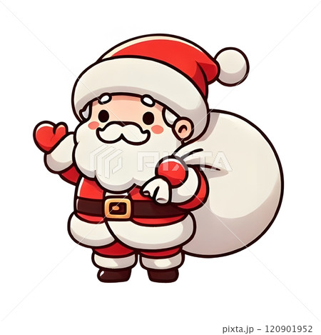 頬を赤らめ、肩にはプレゼントの入った袋をかけ、温かみのあるサンタクロース 頬を赤らめ、肩にはプレゼントの入った袋をかけ、温かみのあるサンタクロース 120901952
