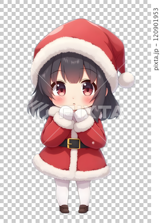 サンタクロースの衣装を身にまとったチビスタイルの女の子。手袋をはめた手を顔に近づけている。 120901953
