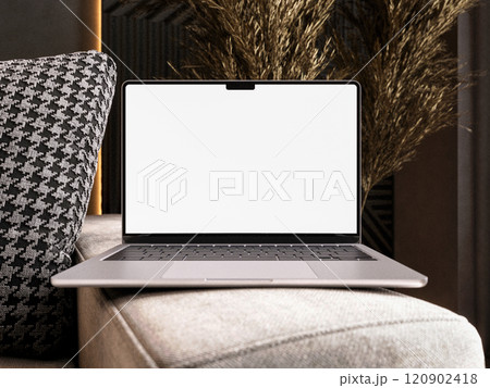A laptop mockup placed in a home interior setting. 3D render 120902418