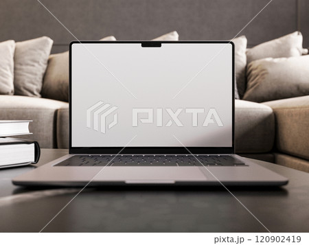 A laptop mockup placed in a home interior setting. 3D render 120902419