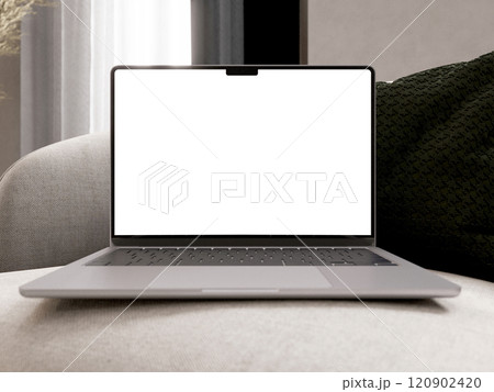 A laptop mockup placed in a home interior setting. 3D render A laptop mockup placed in a home interior setting. 3D render 120902420