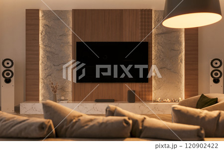 A TV mockup displayed in a modern, cozy living room. 3D render A TV mockup displayed in a modern, cozy living room. 3D render 120902422