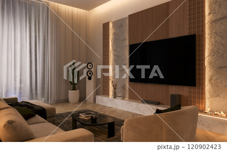 A TV mockup displayed in a modern, cozy living room. 3D render 120902423